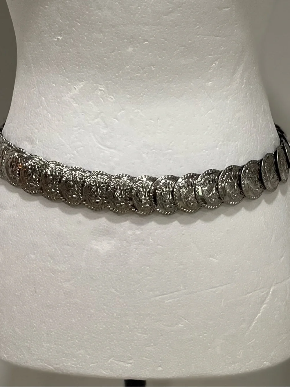 Vintage Silver Tone Coin Disc Medallion Stretch Belt Boho Festival Western Lion